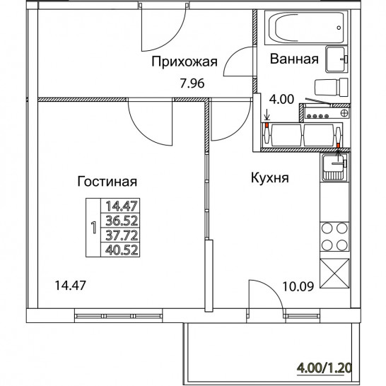 Однокомнатная квартира 37.72 м²