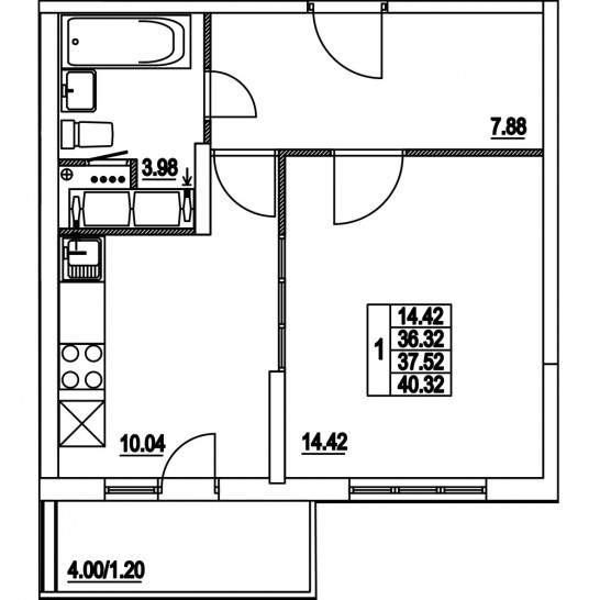 Однокомнатная квартира 37.52 м²