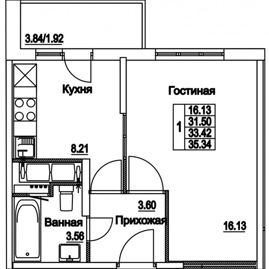 Однокомнатная квартира 33.42 м²