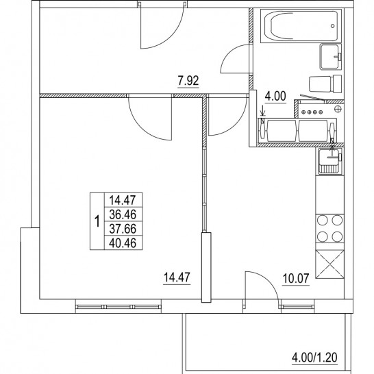 Однокомнатная квартира 37.66 м²