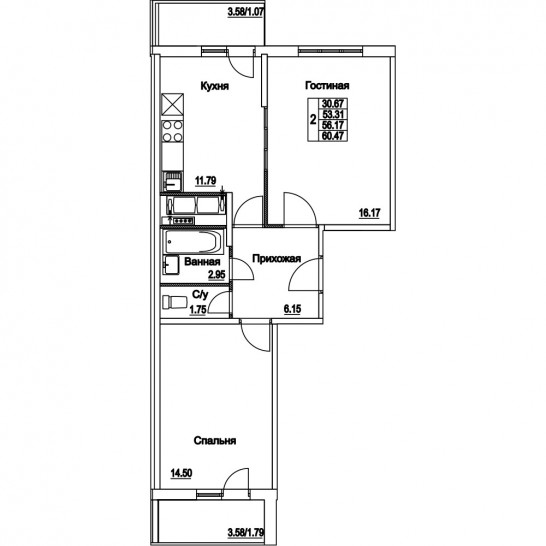 Двухкомнатная квартира 56.17 м²