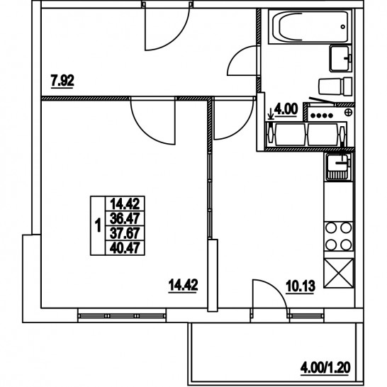 Однокомнатная квартира 37.67 м²