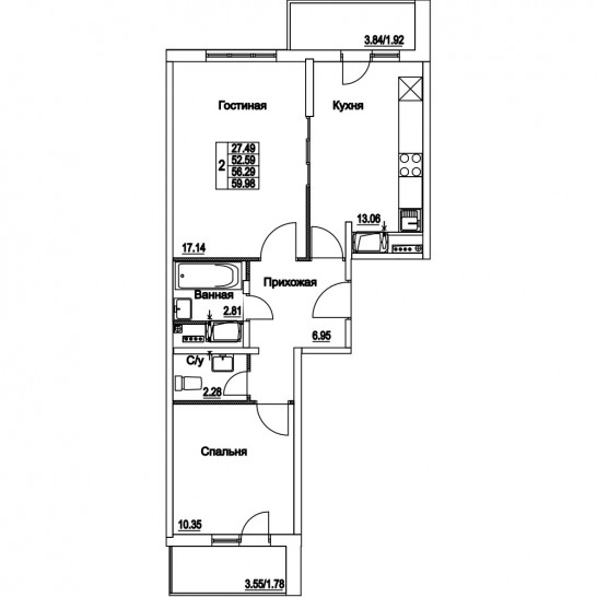 Двухкомнатная квартира 56.29 м²