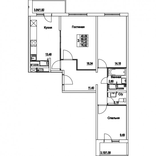 Трёхкомнатная квартира 73.43 м²