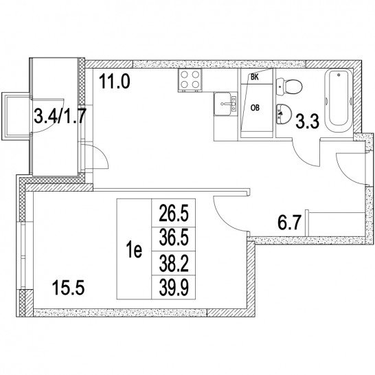 Однокомнатная квартира 38.2 м²