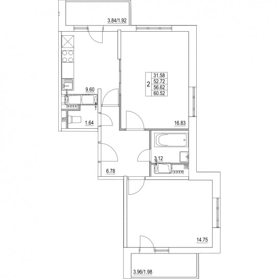Двухкомнатная квартира 56.62 м²