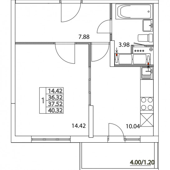 Однокомнатная квартира 37.52 м²