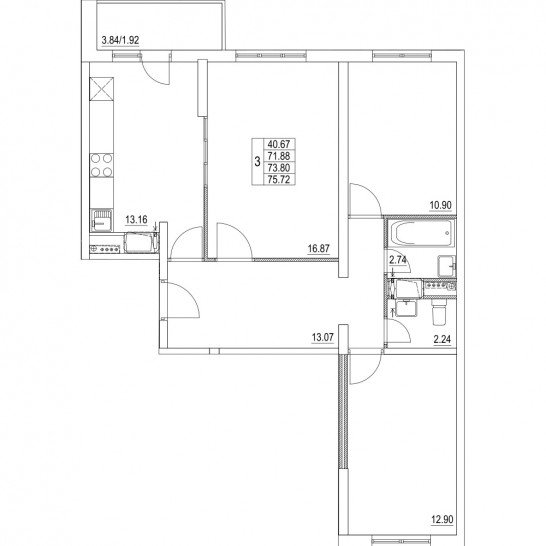 Трёхкомнатная квартира 73.8 м²