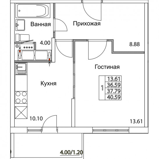 Однокомнатная квартира 37.79 м²