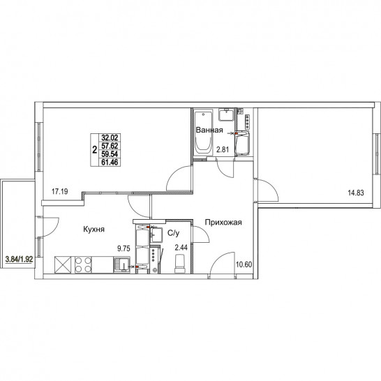 Двухкомнатная квартира 59.54 м²