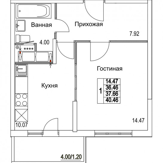Однокомнатная квартира 37.66 м²
