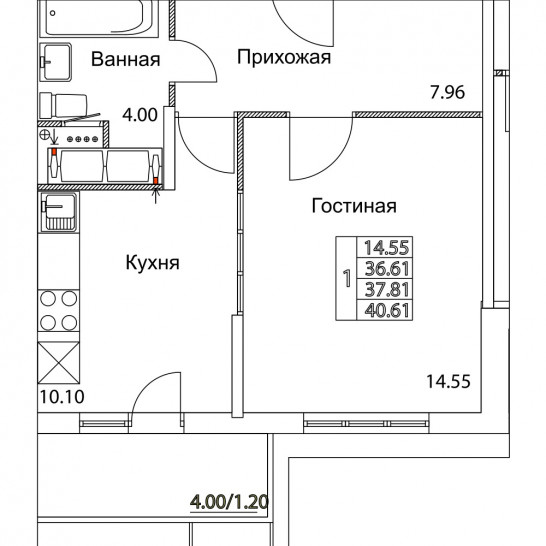 Однокомнатная квартира 37.81 м²