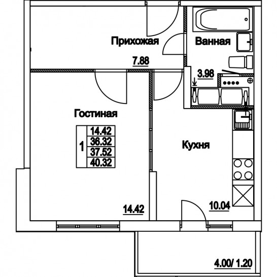Однокомнатная квартира 37.52 м²