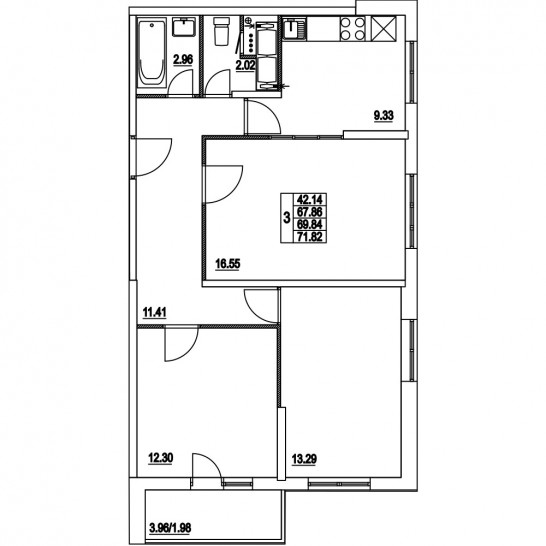 Трёхкомнатная квартира 69.84 м²