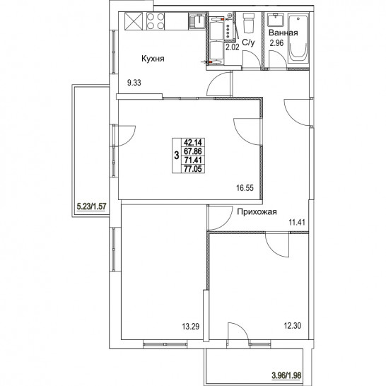 Трёхкомнатная квартира 71.41 м²