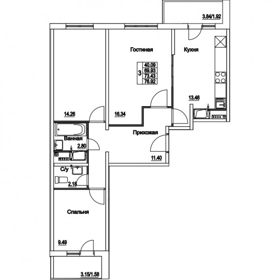 Трёхкомнатная квартира 73.43 м²