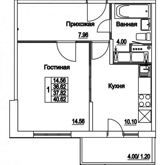 Однокомнатная квартира 37.82 м²