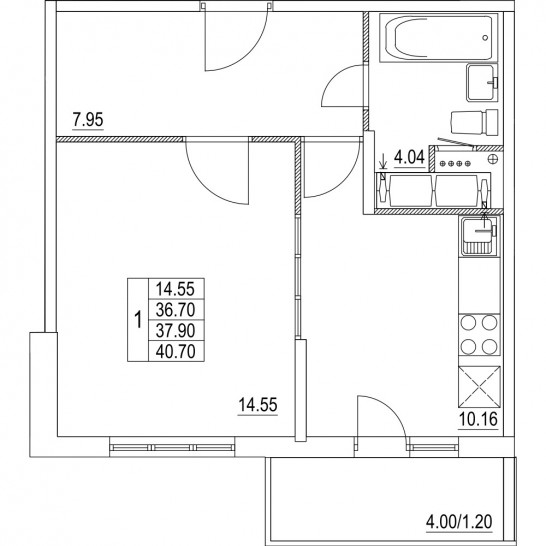 Однокомнатная квартира 37.9 м²