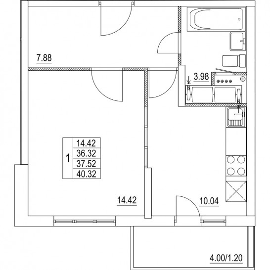 Однокомнатная квартира 37.52 м²