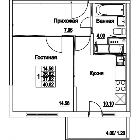 Однокомнатная квартира 37.82 м²