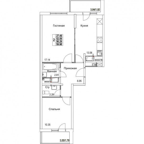Двухкомнатная квартира 56.29 м²