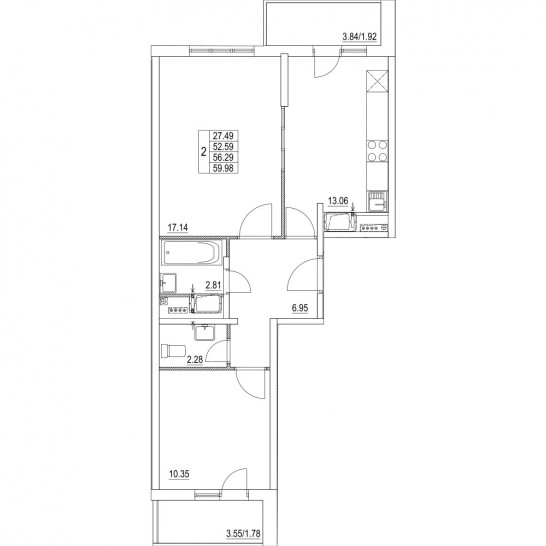 Двухкомнатная квартира 56.29 м²