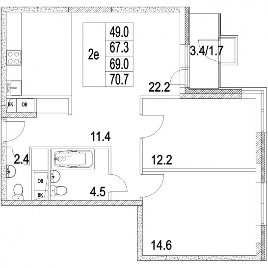 Трёхкомнатная квартира 81.7 м²