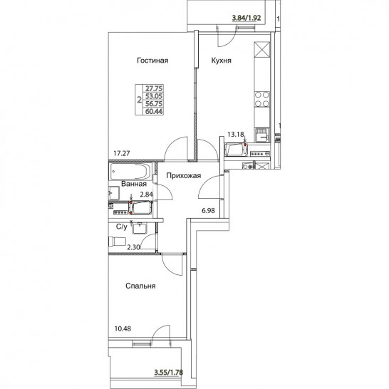 Двухкомнатная квартира 56.75 м²