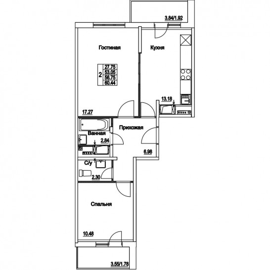 Двухкомнатная квартира 56.75 м²