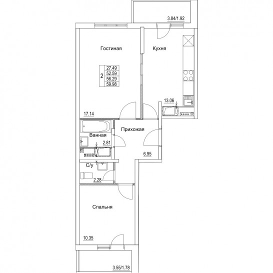 Двухкомнатная квартира 56.29 м²