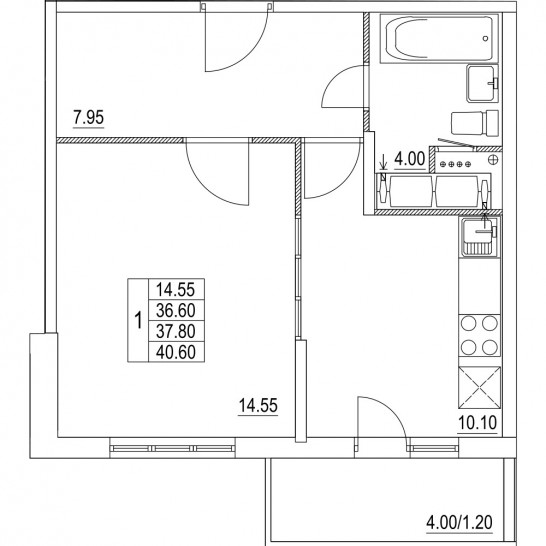 Однокомнатная квартира 37.8 м²