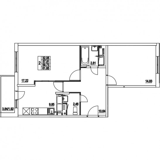 Двухкомнатная квартира 59.73 м²