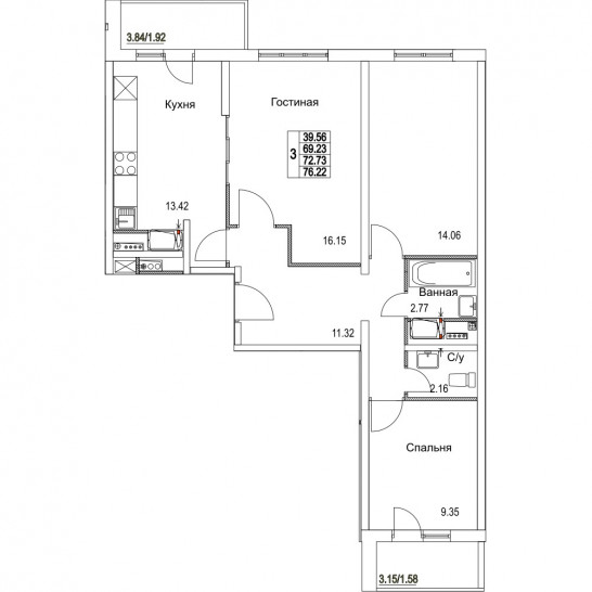 Трёхкомнатная квартира 72.73 м²