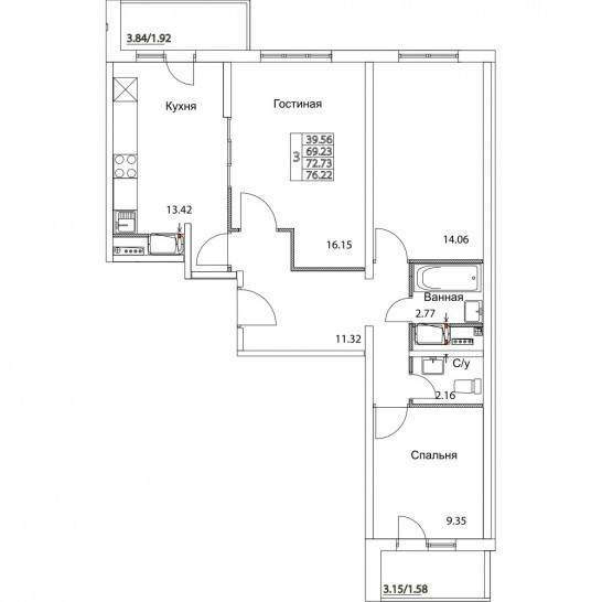 Трёхкомнатная квартира 72.73 м²