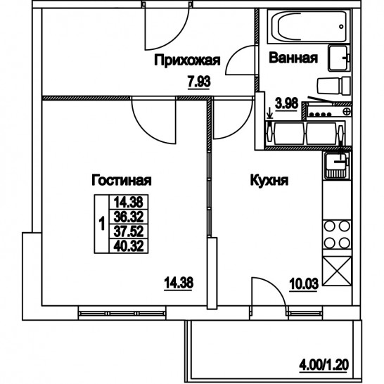 Однокомнатная квартира 37.52 м²