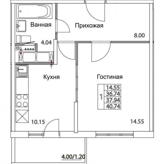 Однокомнатная квартира 37.94 м²