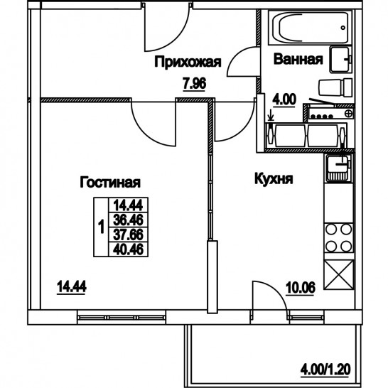 Однокомнатная квартира 37.66 м²