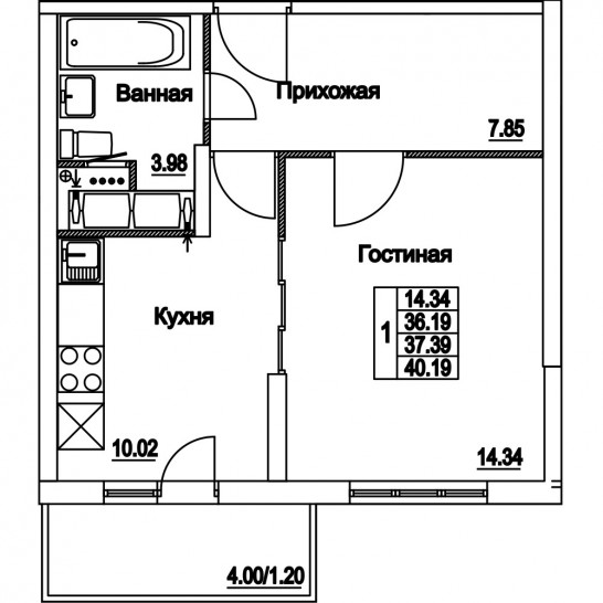Однокомнатная квартира 37.39 м²