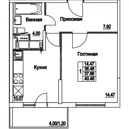 Однокомнатная квартира 37.66 м²