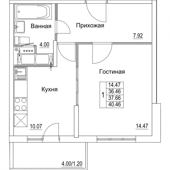 Однокомнатная квартира 37.66 м²