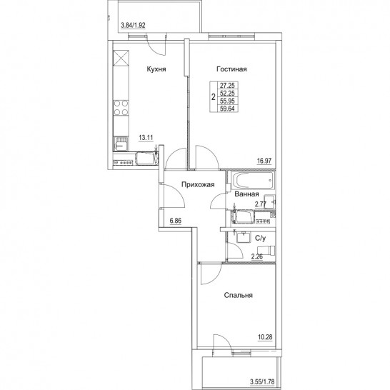 Двухкомнатная квартира 55.95 м²