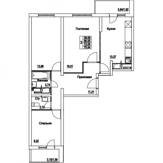 Трёхкомнатная квартира 72.05 м²