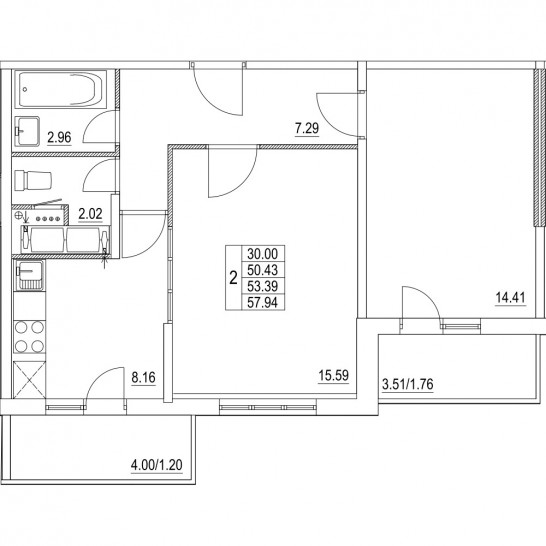 Двухкомнатная квартира 53.39 м²