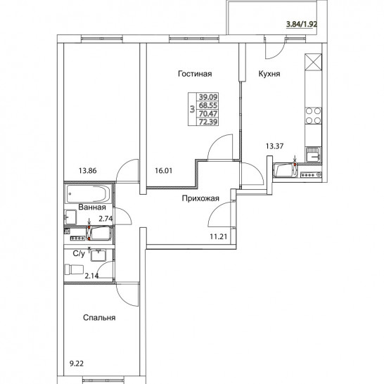 Трёхкомнатная квартира 72.05 м²