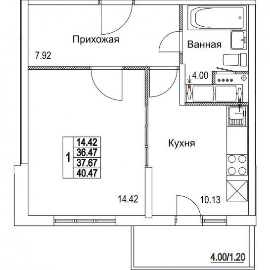 Однокомнатная квартира 37.67 м²