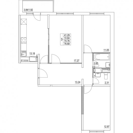 Трёхкомнатная квартира 74.76 м²