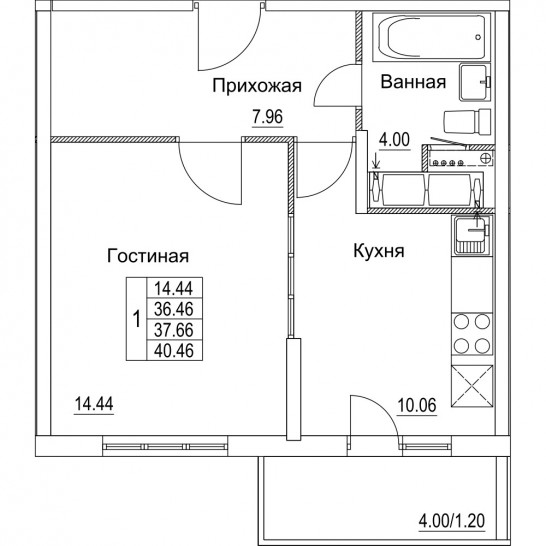 Однокомнатная квартира 37.66 м²