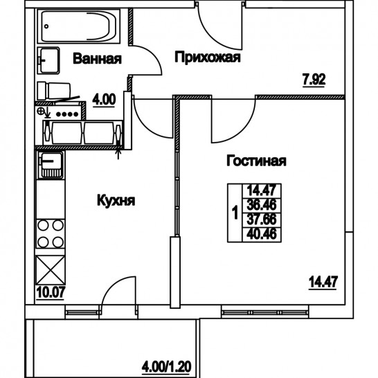 Однокомнатная квартира 37.66 м²