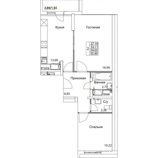 Двухкомнатная квартира 55.81 м²
