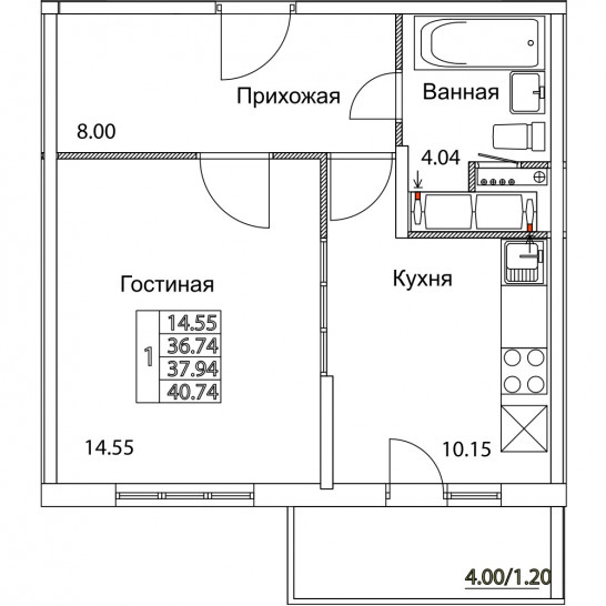 Однокомнатная квартира 37.94 м²